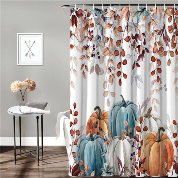Thanksgiving Shower Curtain, Watercolor Pumpkins & Eucalyptus, 72x72 in w/ Hooks - Picture 3 of 7